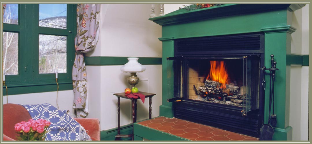 Fireplace in Zealand deluxe room at Notchland Inn